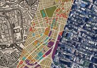 Photo collage of 18th century city planning documents, modern digital city plans, and satellite imagery.