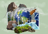 Photo collage including the planet Earth, various natural resources, and green energy infrastructure.