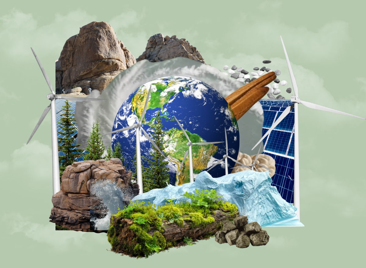 Photo collage including the planet Earth, various natural resources, and green energy infrastructure.