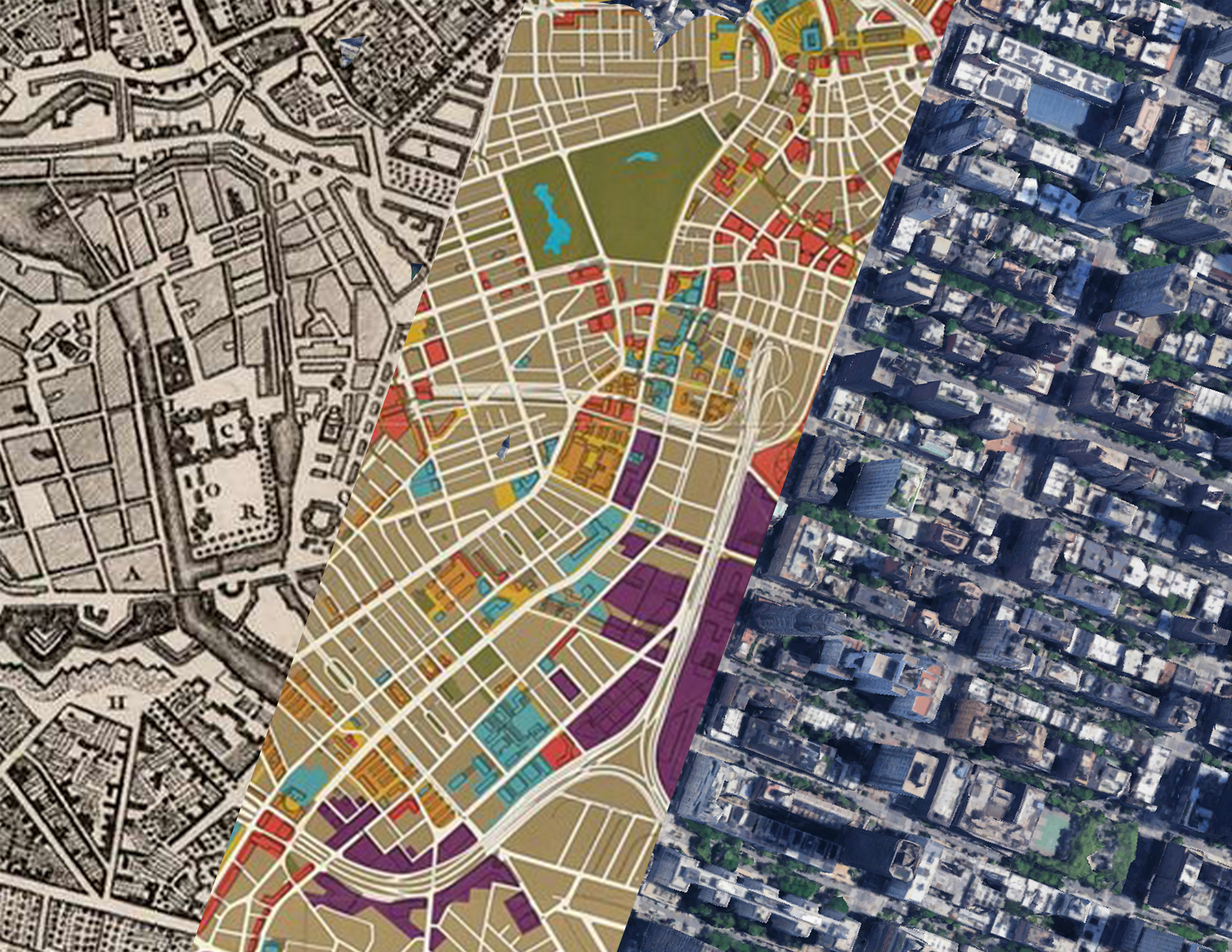 Photo collage of 18th century city planning documents, modern digital city plans, and satellite imagery.